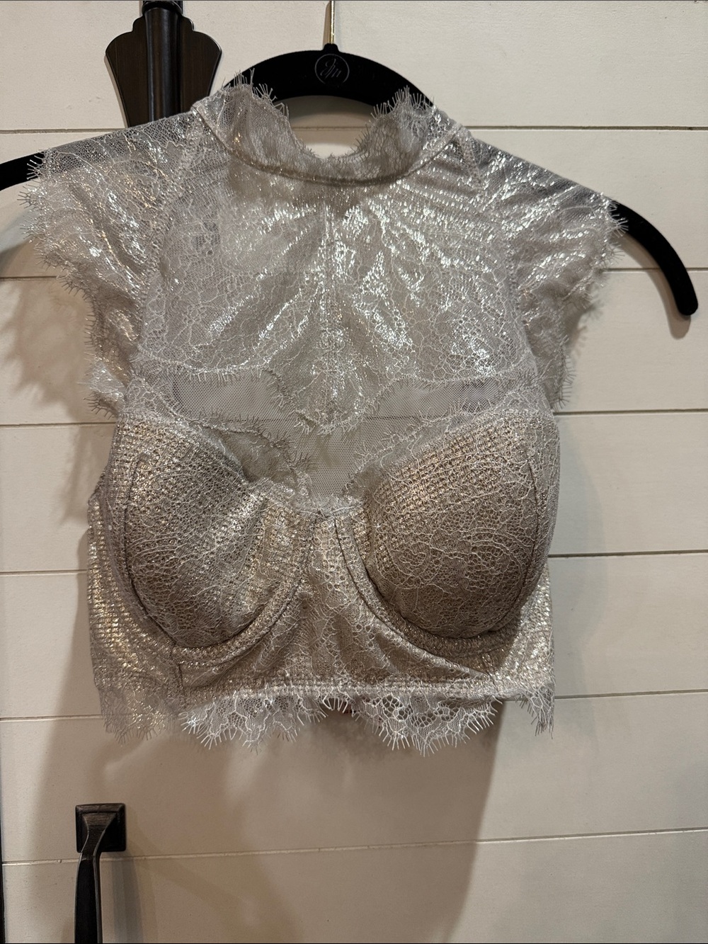 Victoria’s Secret Lace Metallic Silver Sheer Crop Top NWT